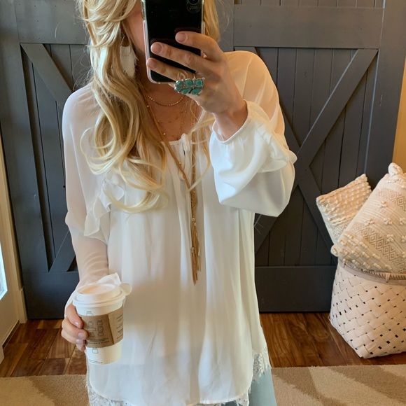 Plus Size | Boho Ruffle White Chiffon Blouse - Picture 3 of 7